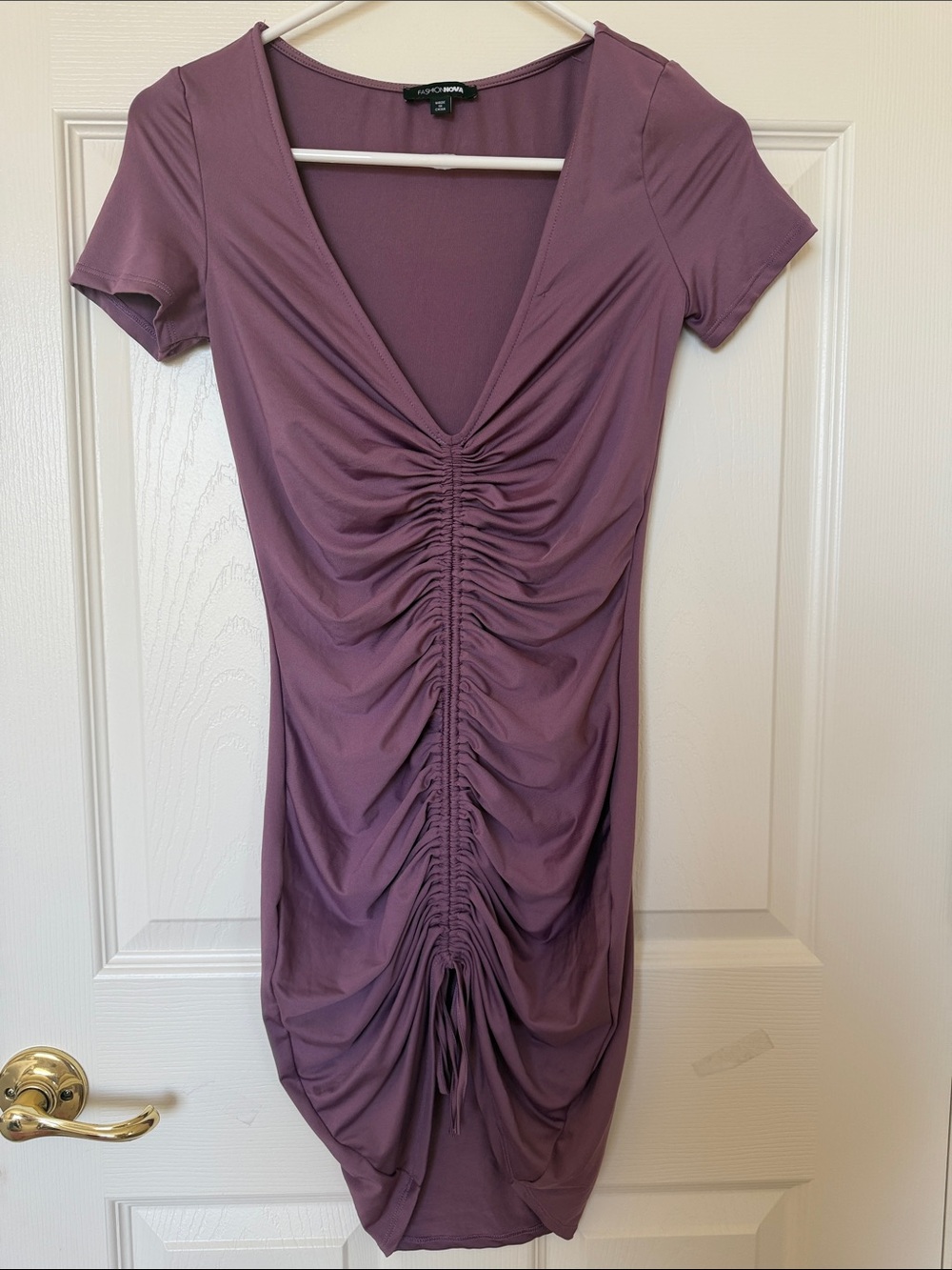 Fashion Nova Mauve Ruched V-Neck Bodycon Mini Dress